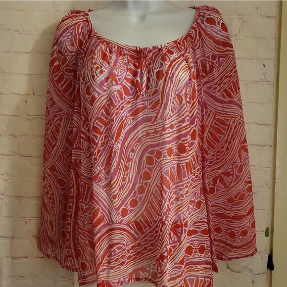 Trina Turk Silk Blend Sheer Pink Abstract Print Peasant Blouse Sz.XS/P MSRP $139 - Picture 2 of 7